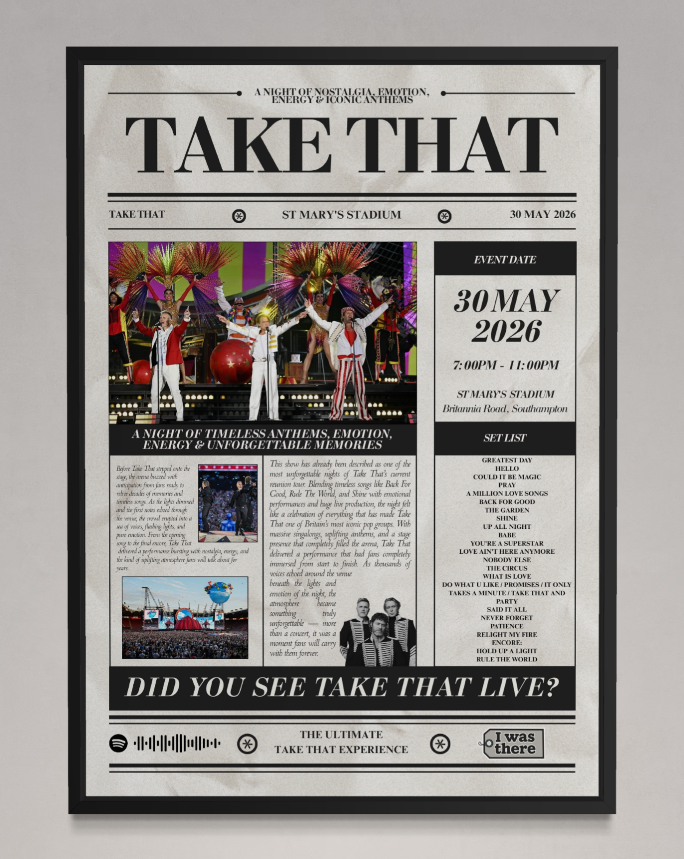Take That - Personalised Newspaper Style Concert Poster