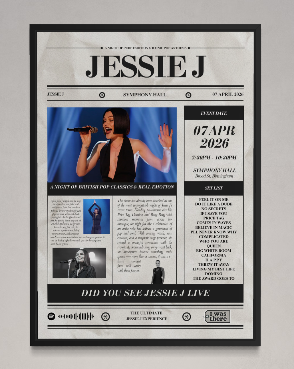 Jessie J - Personalised Newspaper Style Concert Poster