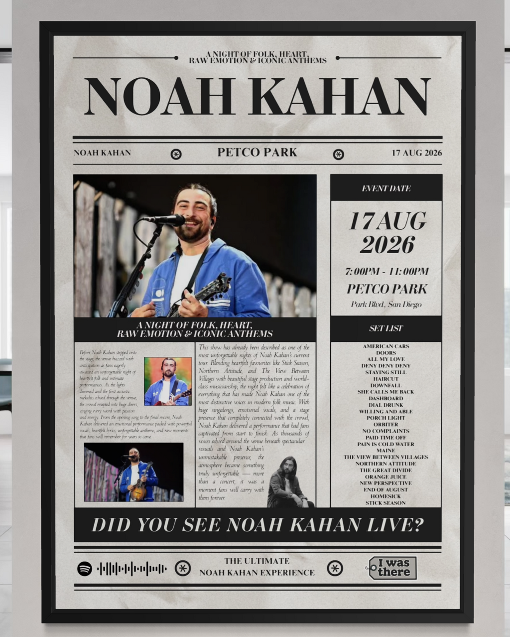 Noah Kahan - Personalised Newspaper Style Concert Poster (USA Tour)