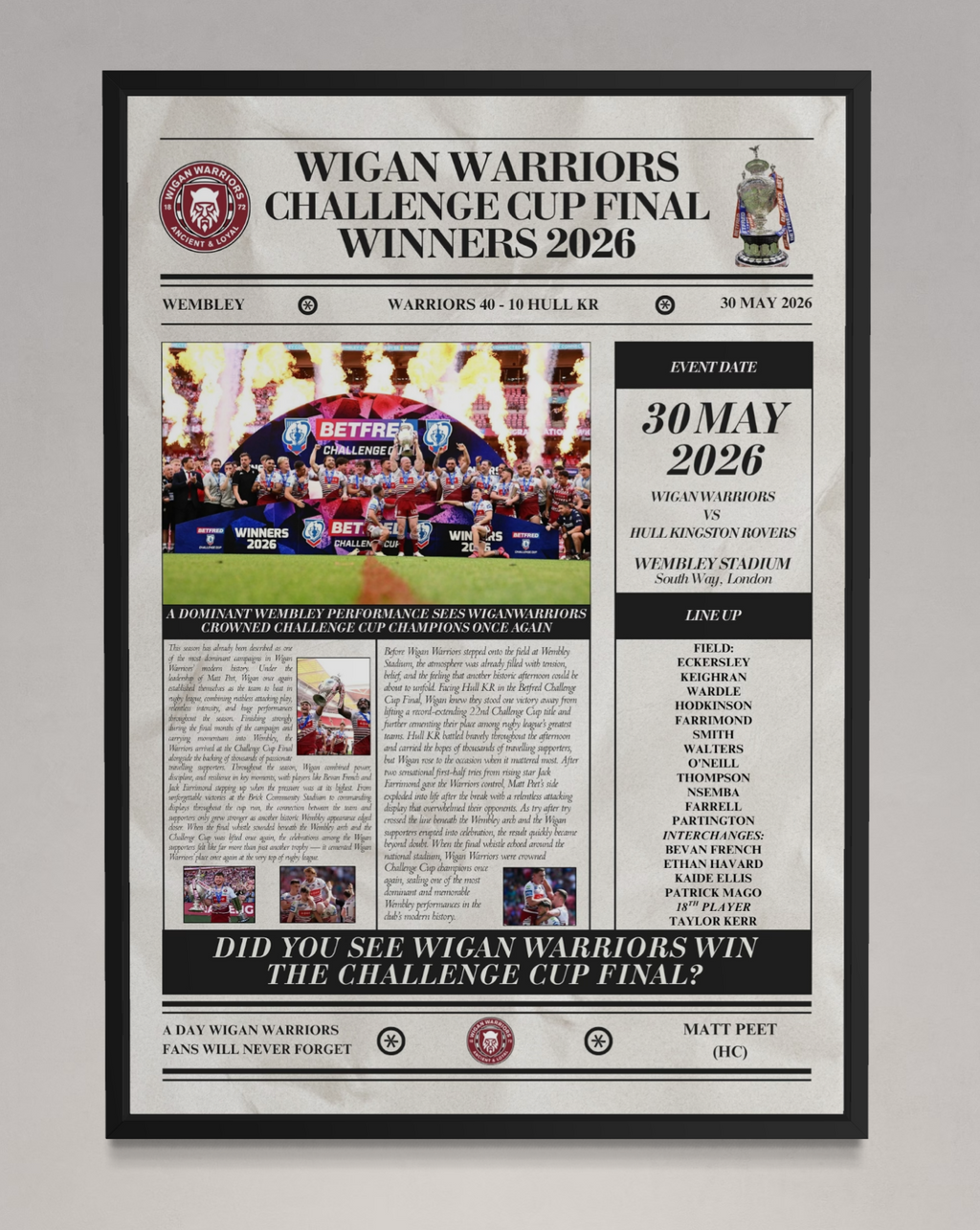 Wigan Warriors Challenge Cup Final Winners 2026 - Newspaper Style Poster