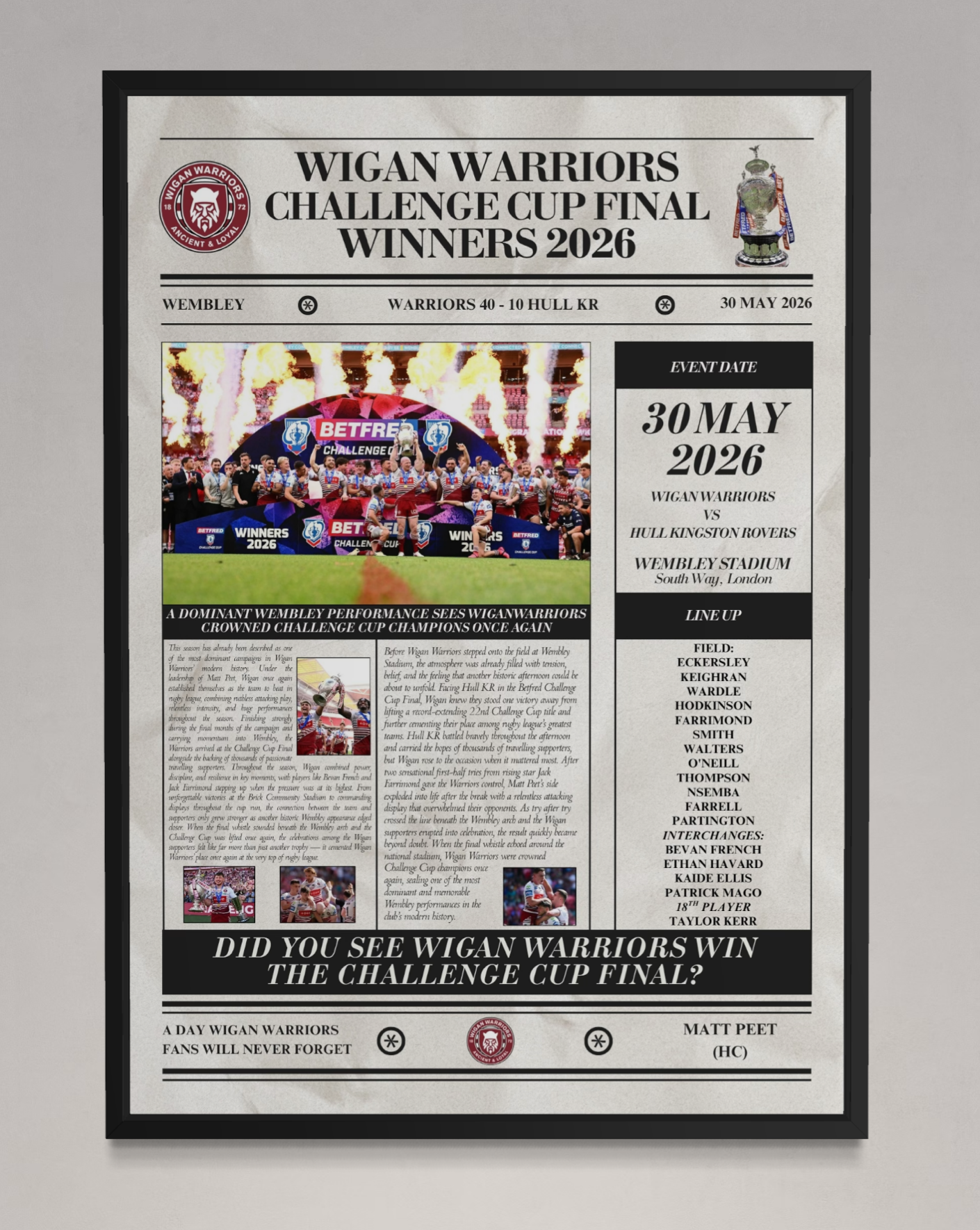 Wigan Warriors Challenge Cup Final Winners 2026 - Newspaper Style Poster