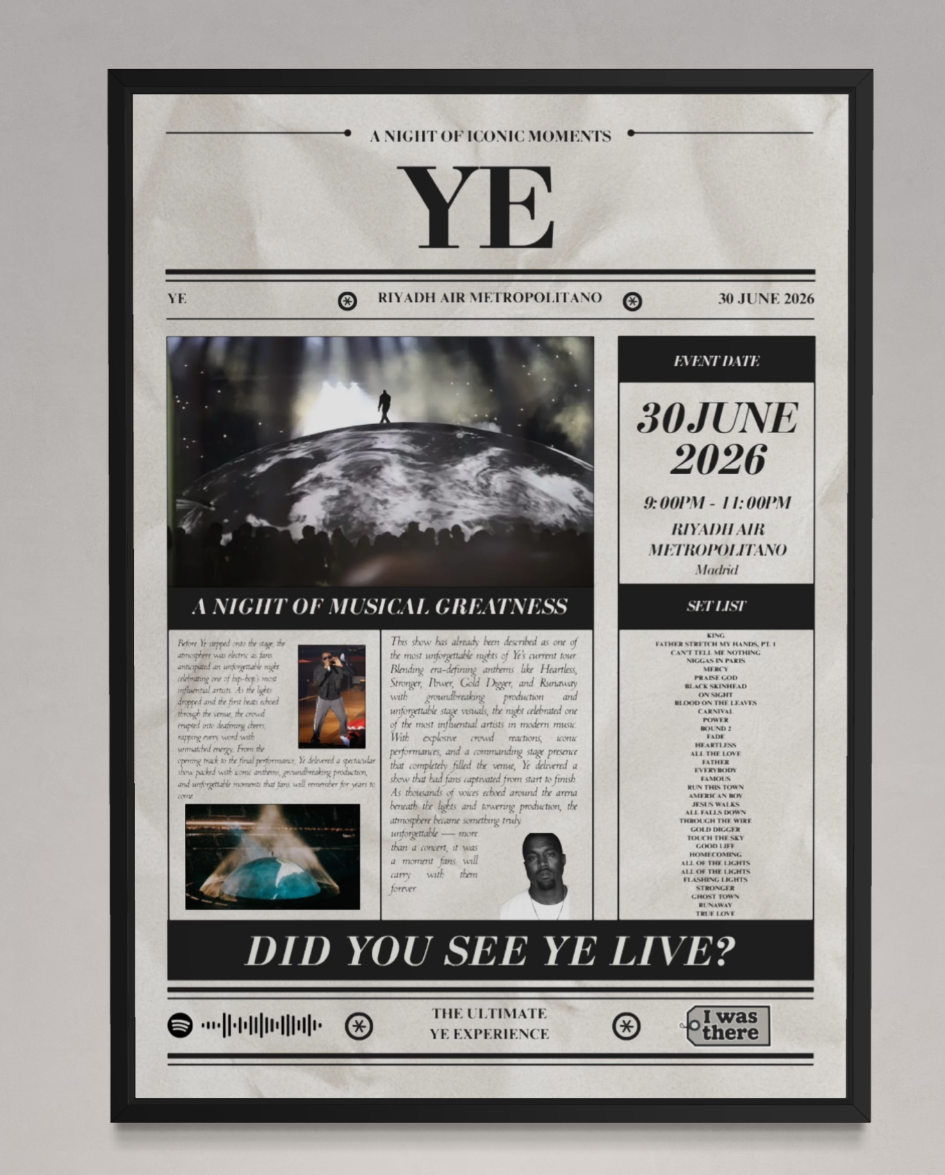 Kanye West - Personalised Newspaper Style Concert Poster (Europe)