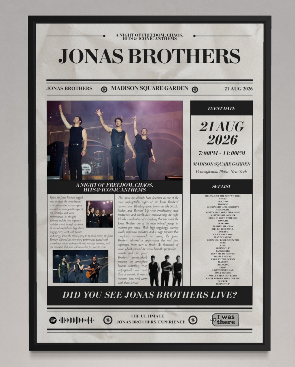 Jonas Brothers - Personalised Newspaper Style Concert Poster (USA Tour)
