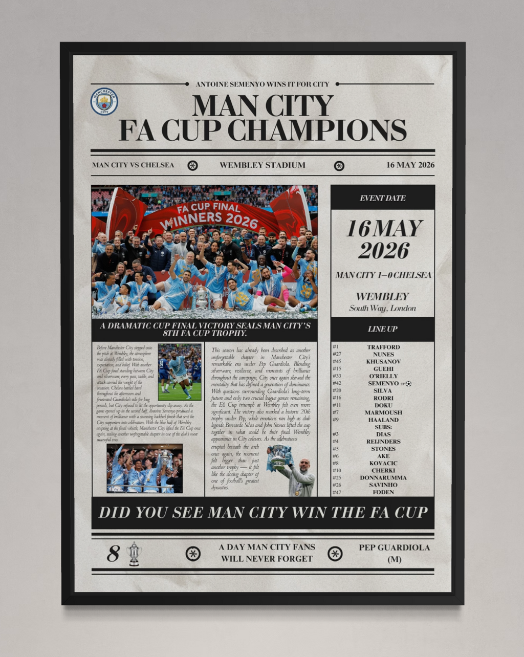 Man City FA Cup Champions 2026 - Newspaper Style Poster
