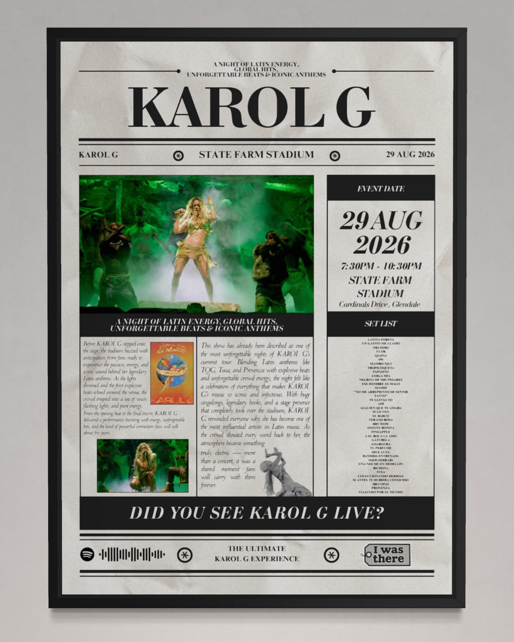 Karol G - Personalised Newspaper Style Concert Poster (USA Tour)
