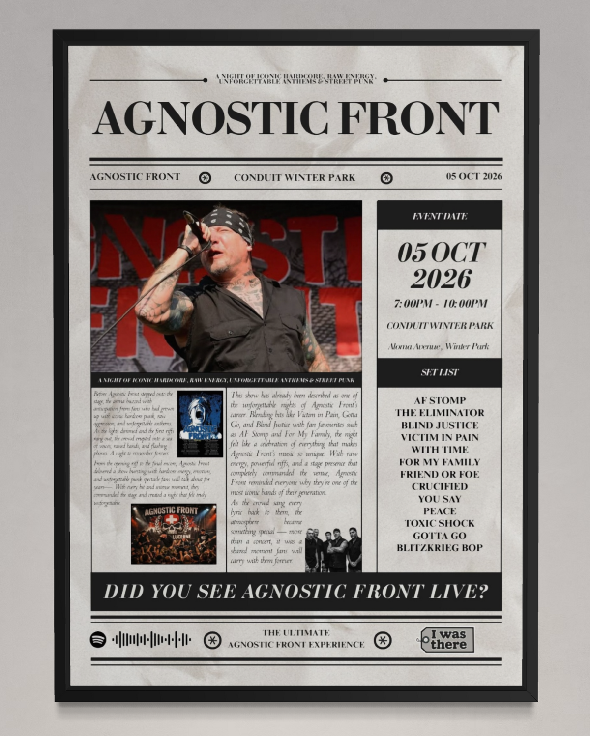 Agnostic Front - Personalised Newspaper Style Concert Poster (USA Tour)
