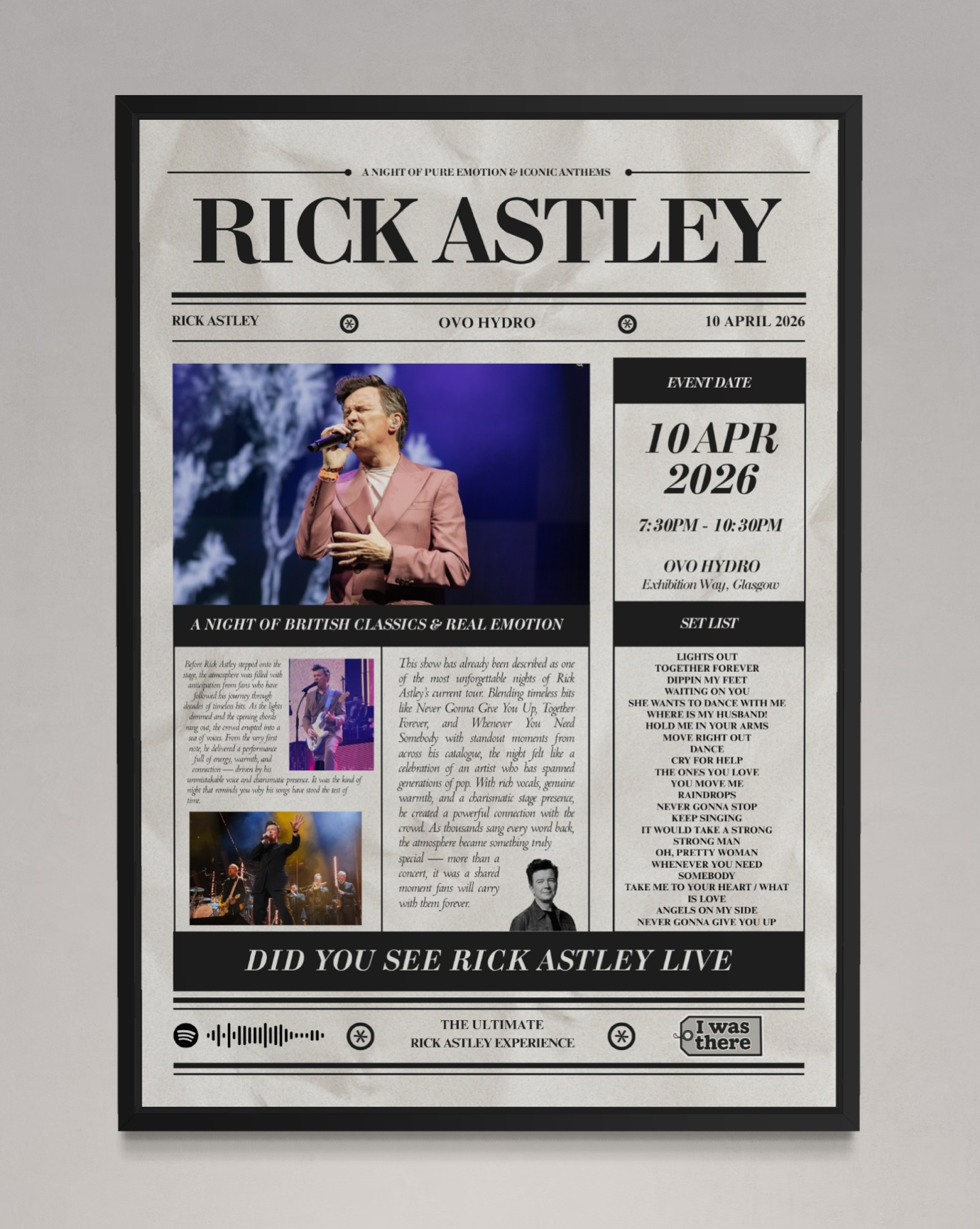Rick Astley - Personalised Newspaper Style Concert Poster