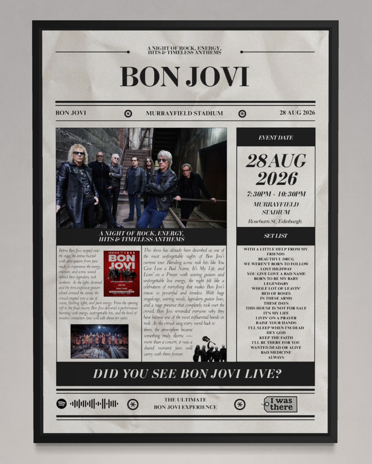 Bon Jovi - Personalised Newspaper Style Concert Poster