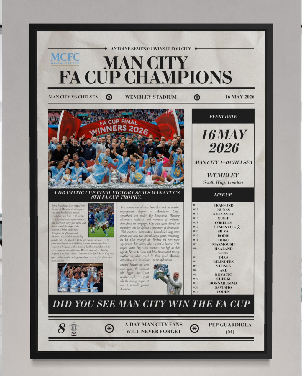 Man City FA Cup Champions 2026 - Newspaper Poster