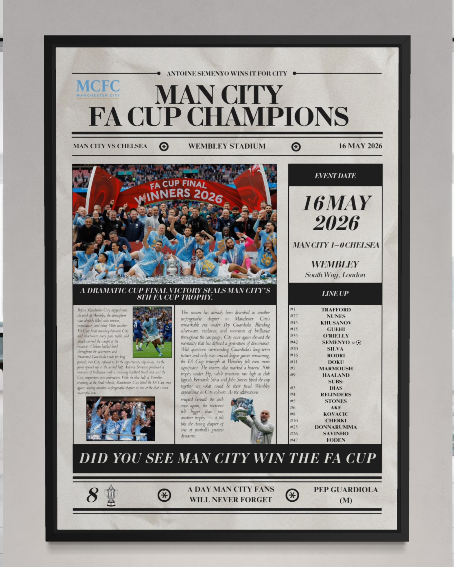 Man City FA Cup Champions 2026 - Newspaper Style Poster