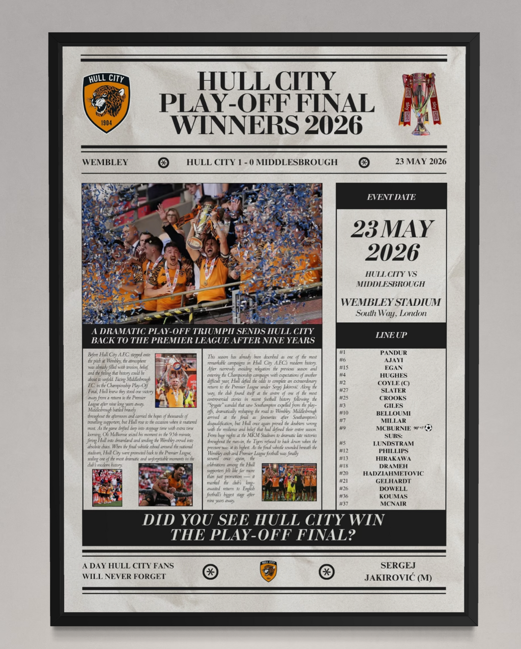 Hull City Play Off Winners 2026 - Newspaper Style Poster