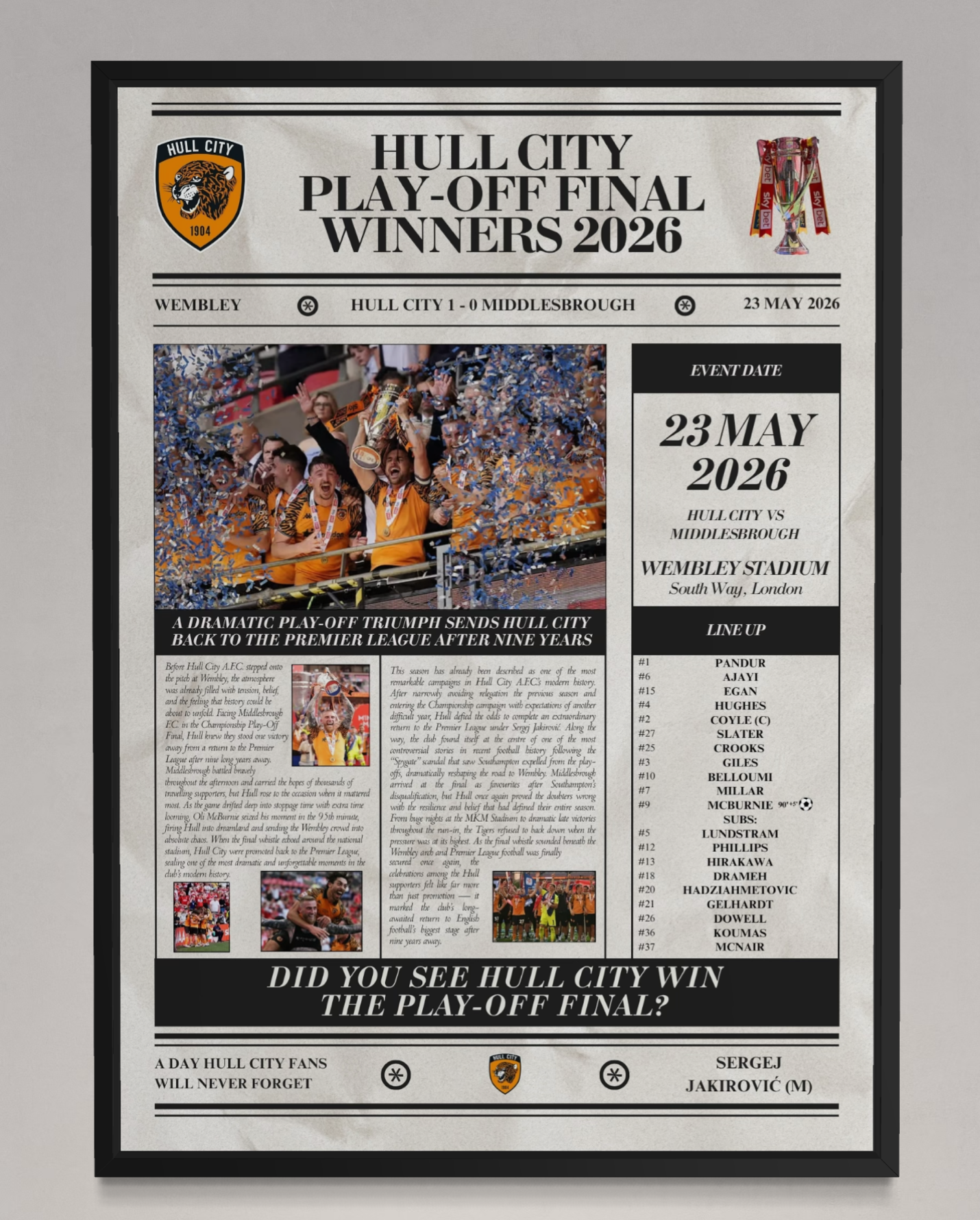 Hull City Play Off Winners 2026 - Newspaper Style Poster
