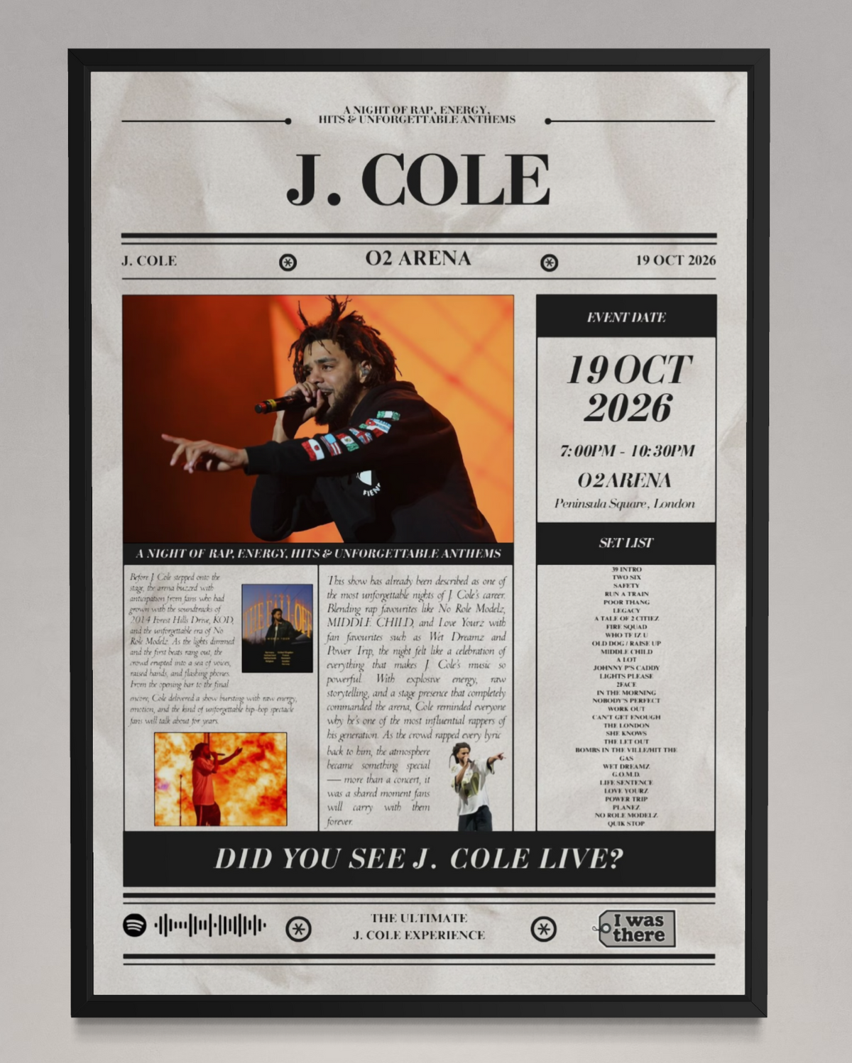 J Cole - Personalised Newspaper Style Concert Poster
