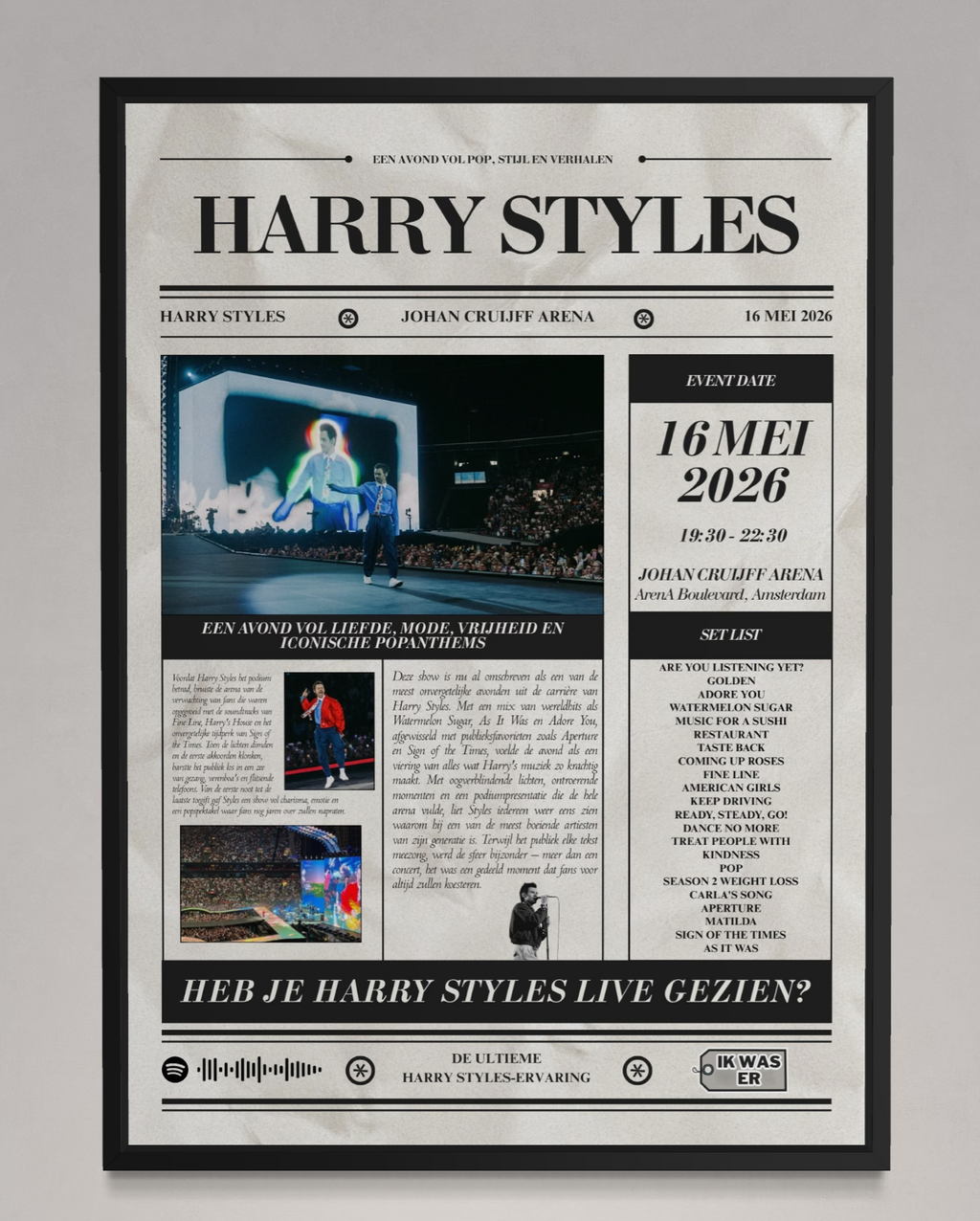 Harry Styles - Personalised Newspaper Style Concert Poster (Dutch)