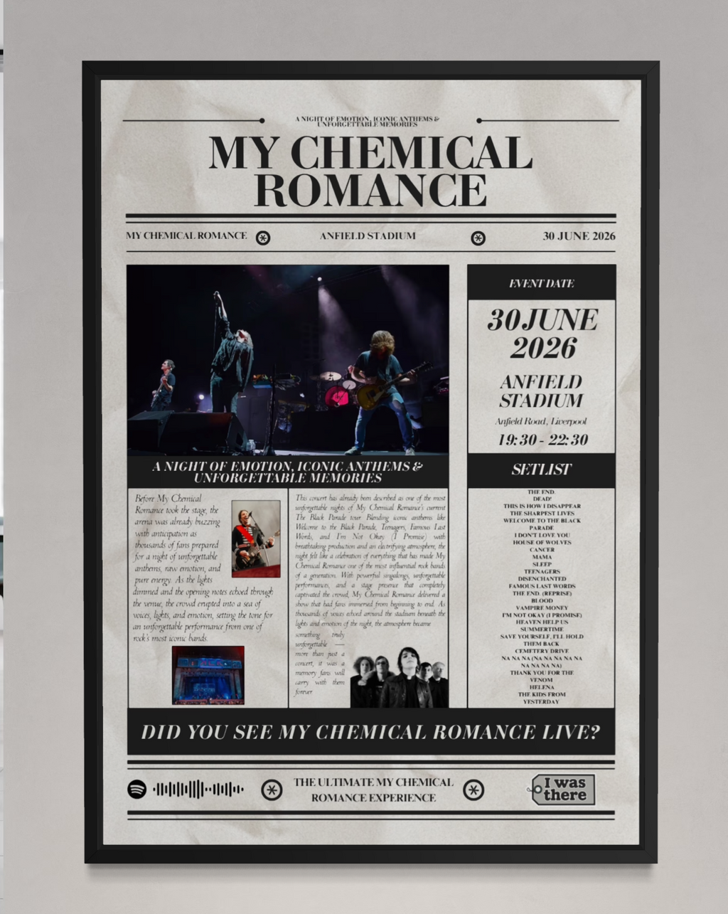 My Chemical Romance - Personalised Newspaper Style Concert Poster