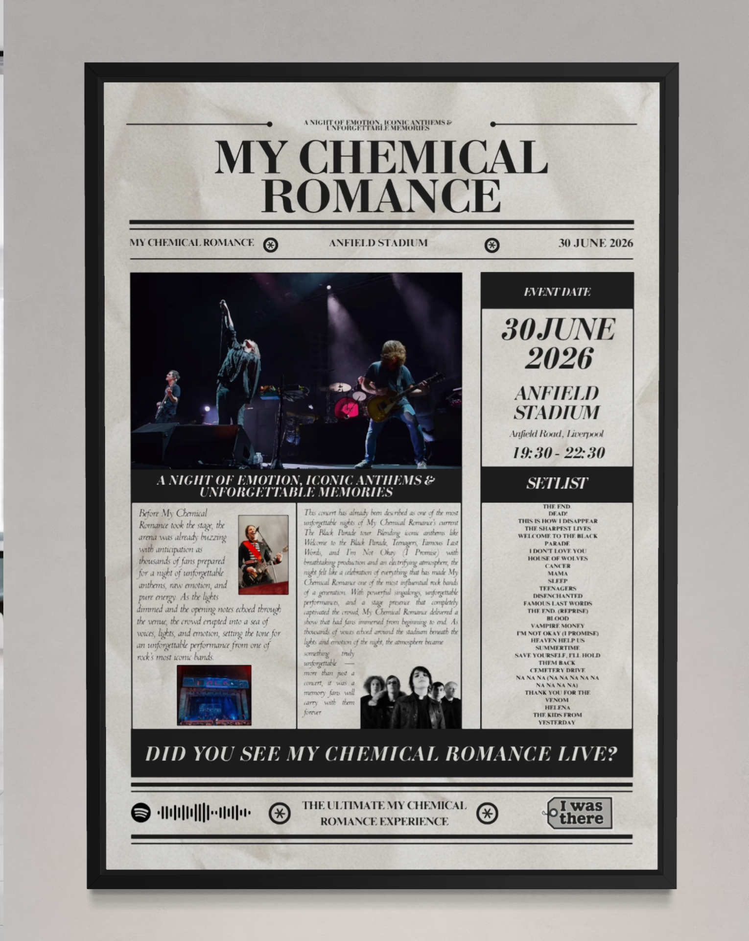 My Chemical Romance - Personalised Newspaper Style Concert Poster