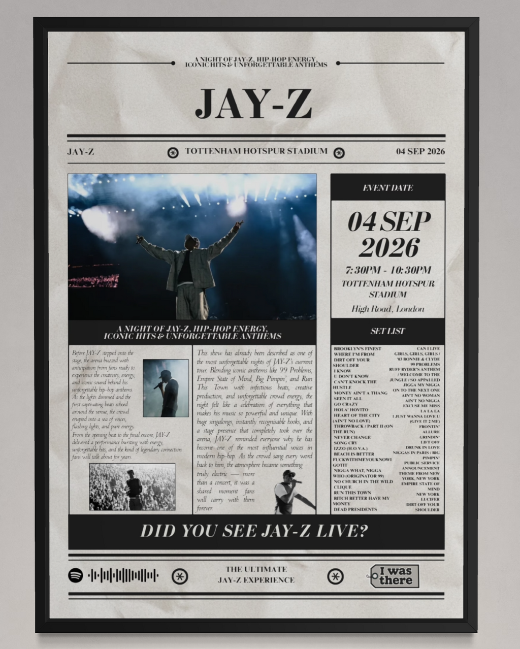 Jay-Z - Personalised Newspaper Style Concert Poster