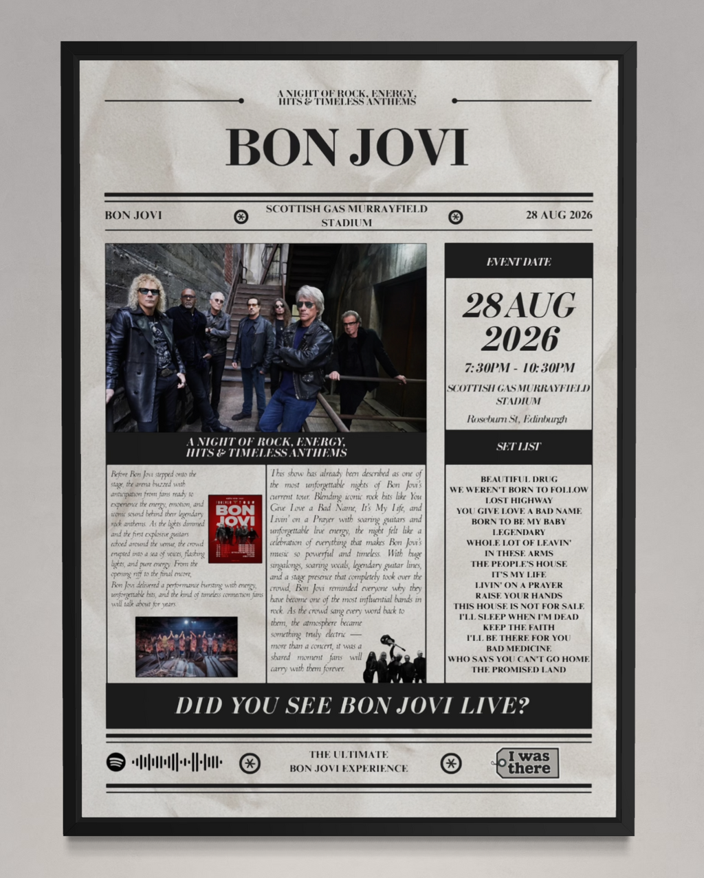 Bon Jovi - Personalised Newspaper Style Concert Poster