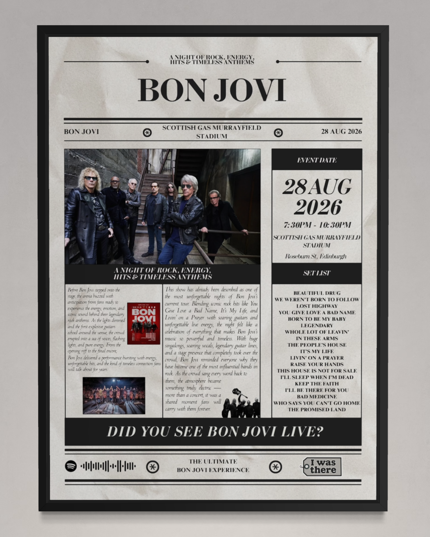 Bon Jovi - Personalised Newspaper Style Concert Poster