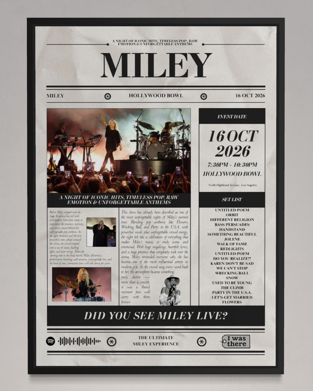 MILEY - Personalised Newspaper Style Concert Poster (USA Tour)