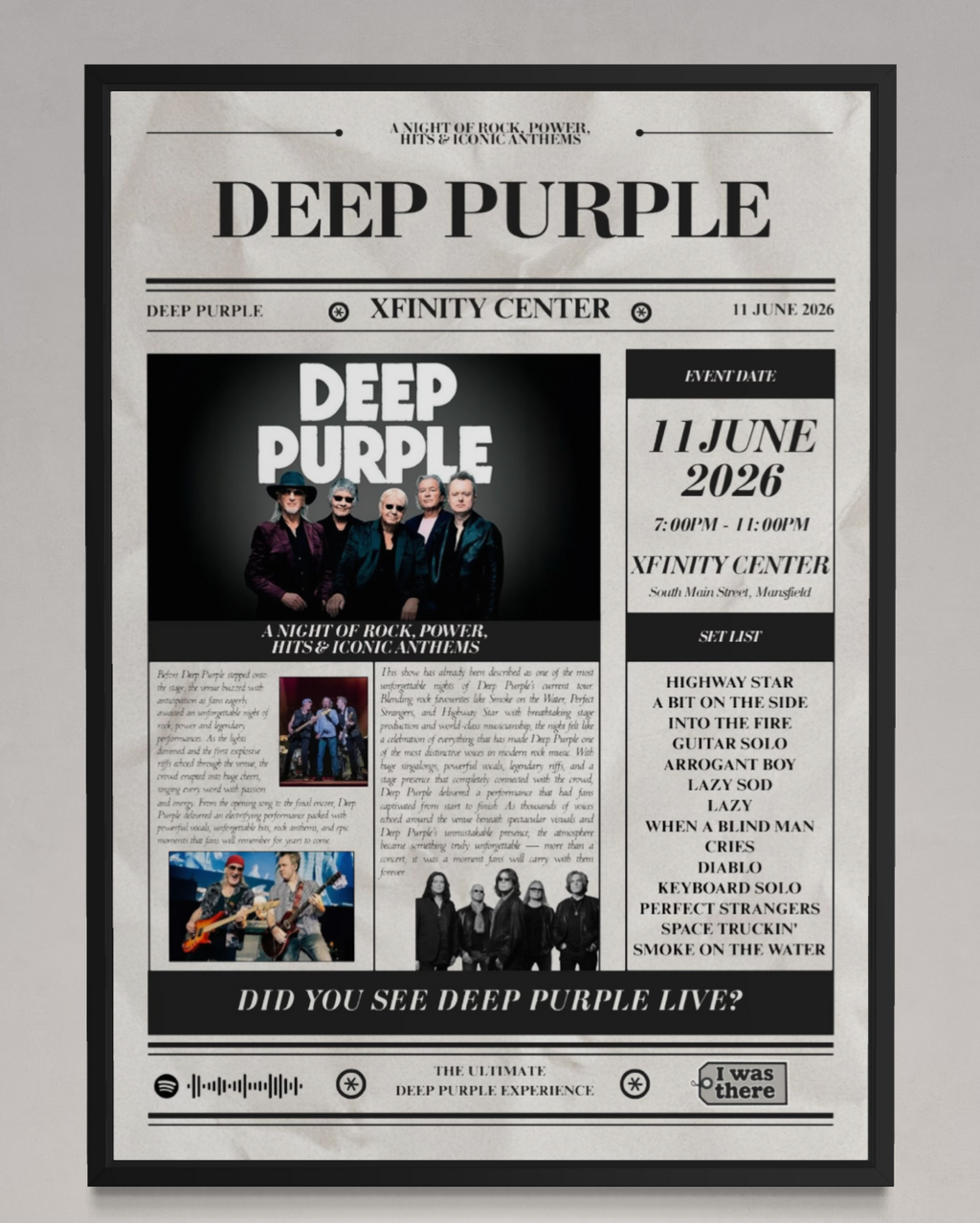 Deep Purple - Personalised Newspaper Style Concert Poster (USA Tour)
