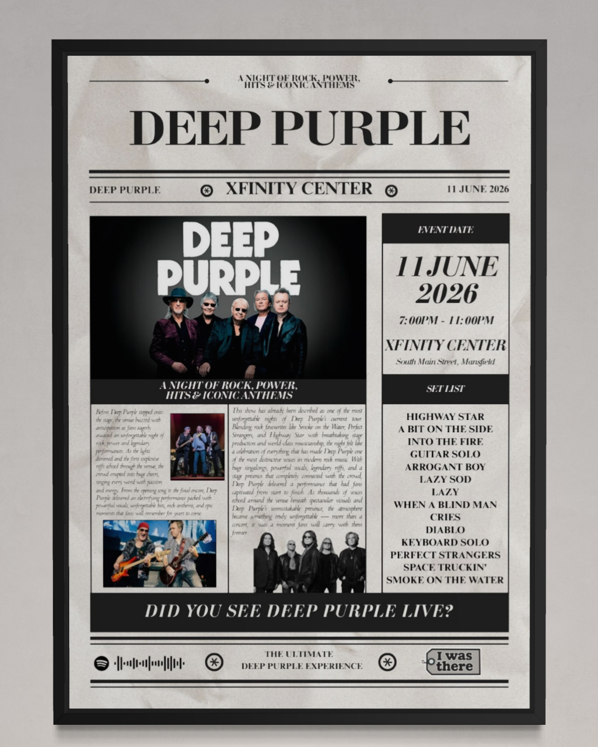 Deep Purple - Personalised Newspaper Style Concert Poster (USA Tour)