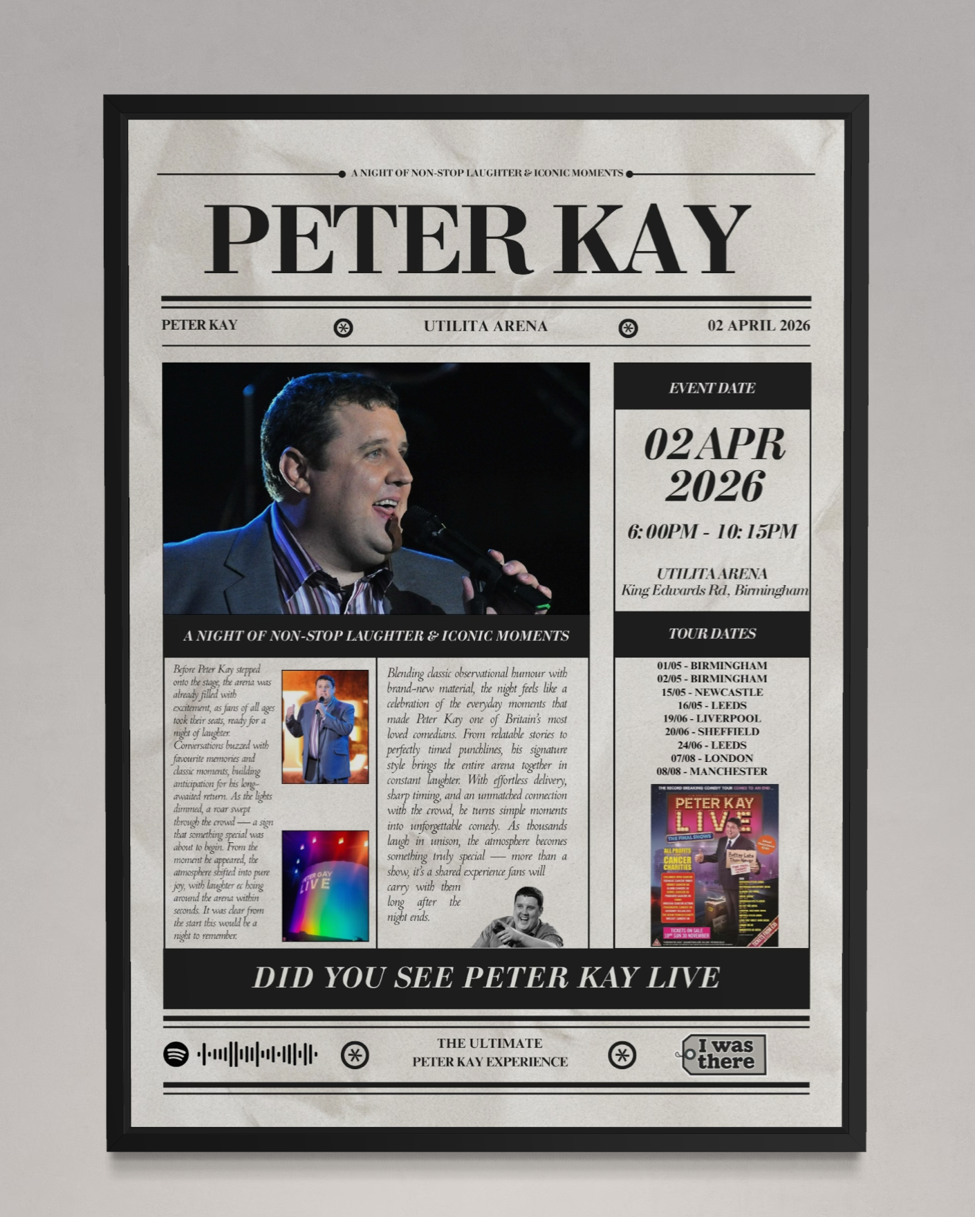 Peter Kay - Personalised 'I Was There' Newspaper Style Stand-Up Poster