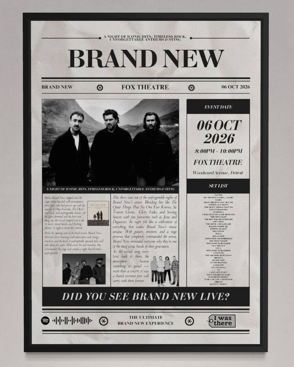Brand New - Personalised Newspaper Style Concert Poster (USA Tour)