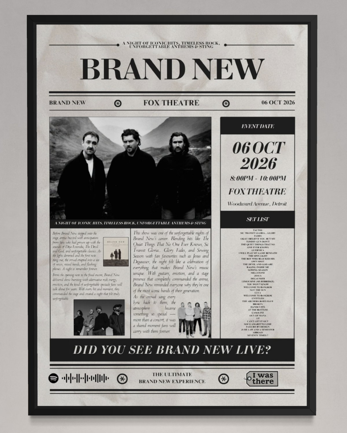 Brand New - Personalised Newspaper Style Concert Poster (USA Tour)