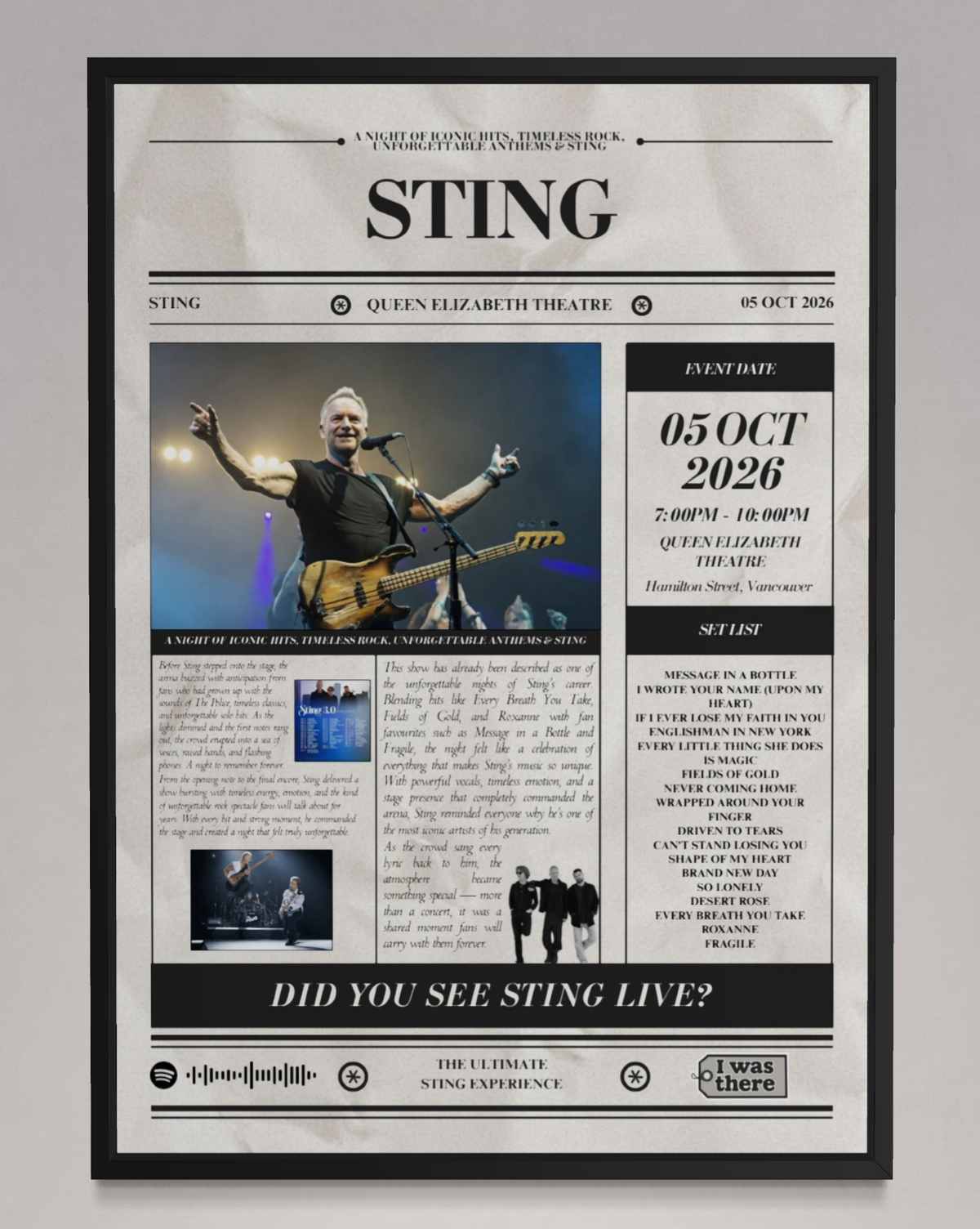 Sting - Personalised Newspaper Style Concert Poster (USA Tour)