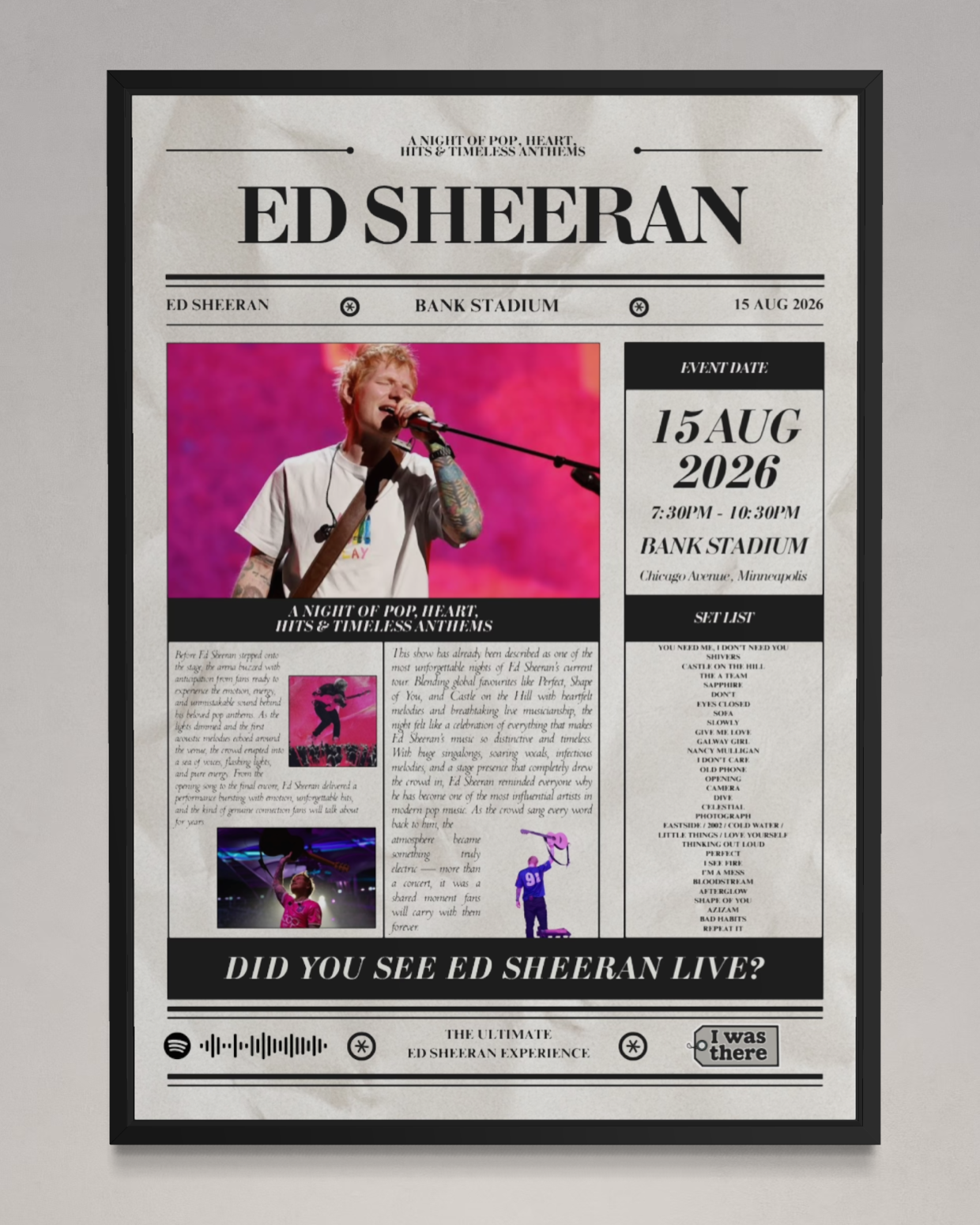 Ed Sheeran - Personalised Newspaper Style Concert Poster (USA Tour)