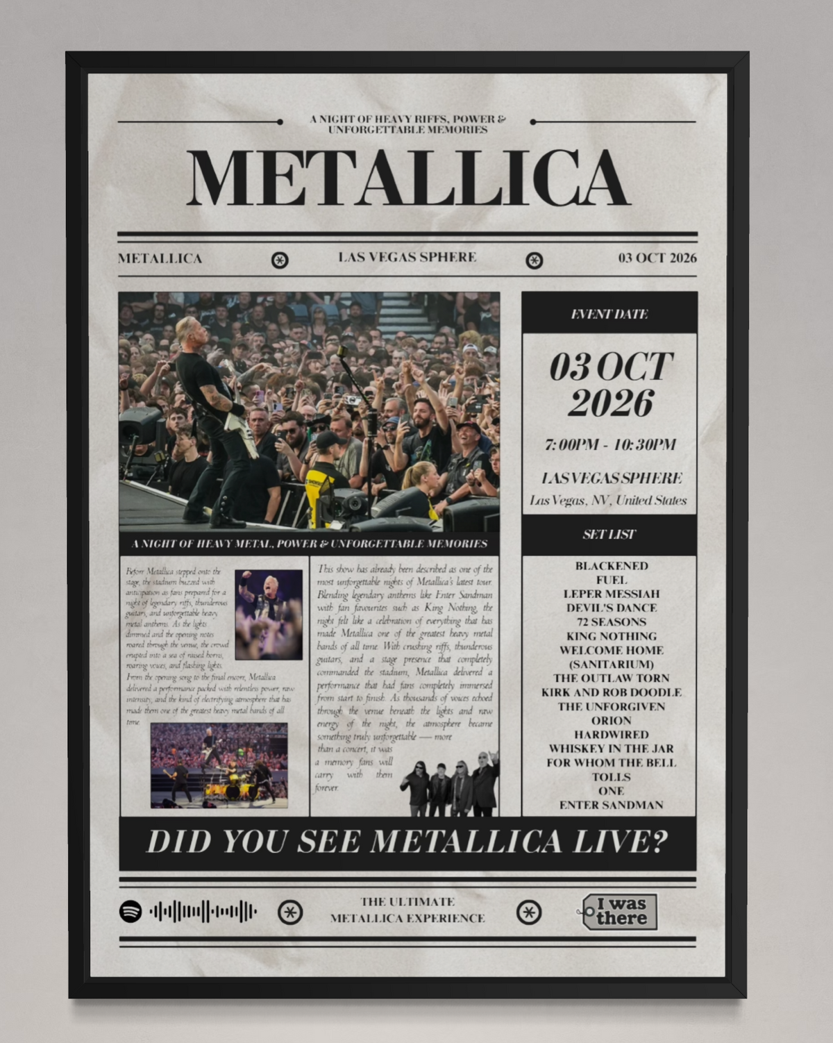 Metallica - Personalised Newspaper Style Concert Poster (USA Tour)