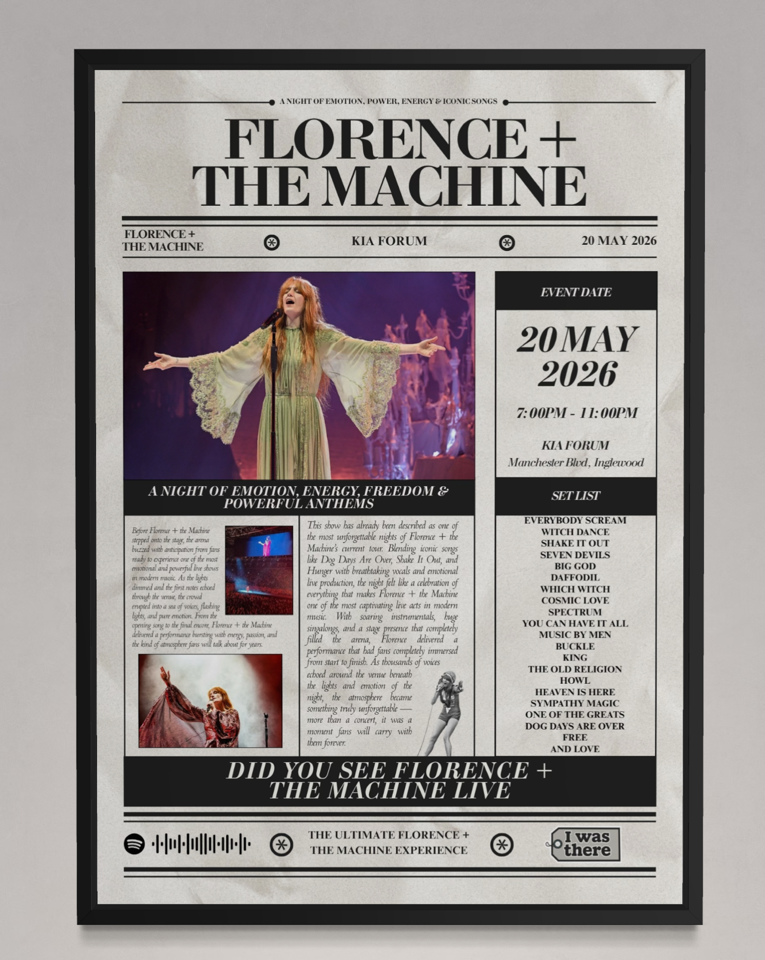 Florence + The Machine - Personalised Newspaper Style Concert Poster