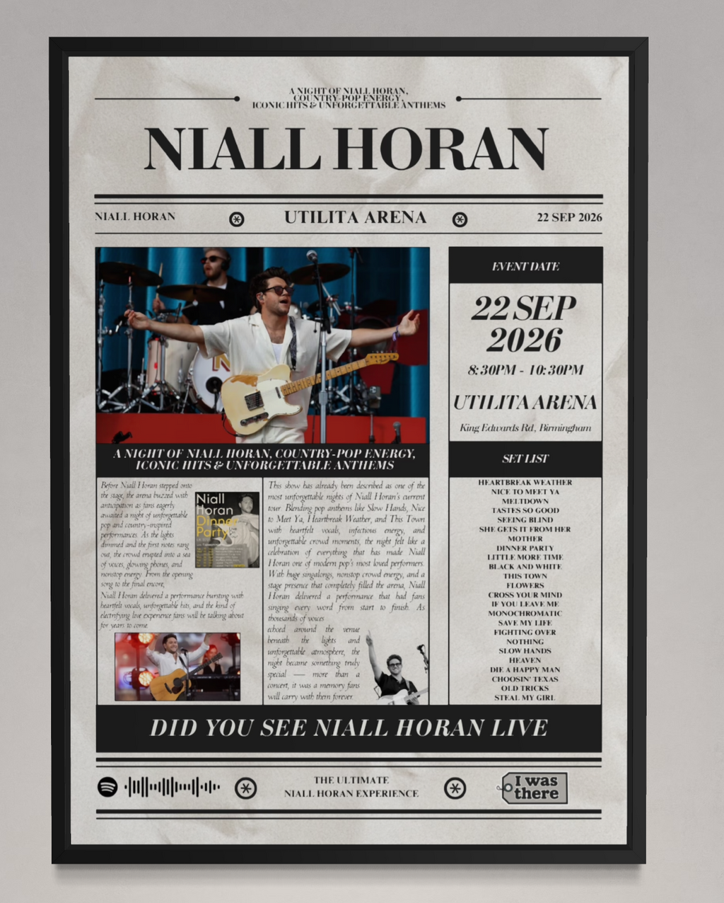 Niall Horon - Personalised Newspaper Style Concert Poster