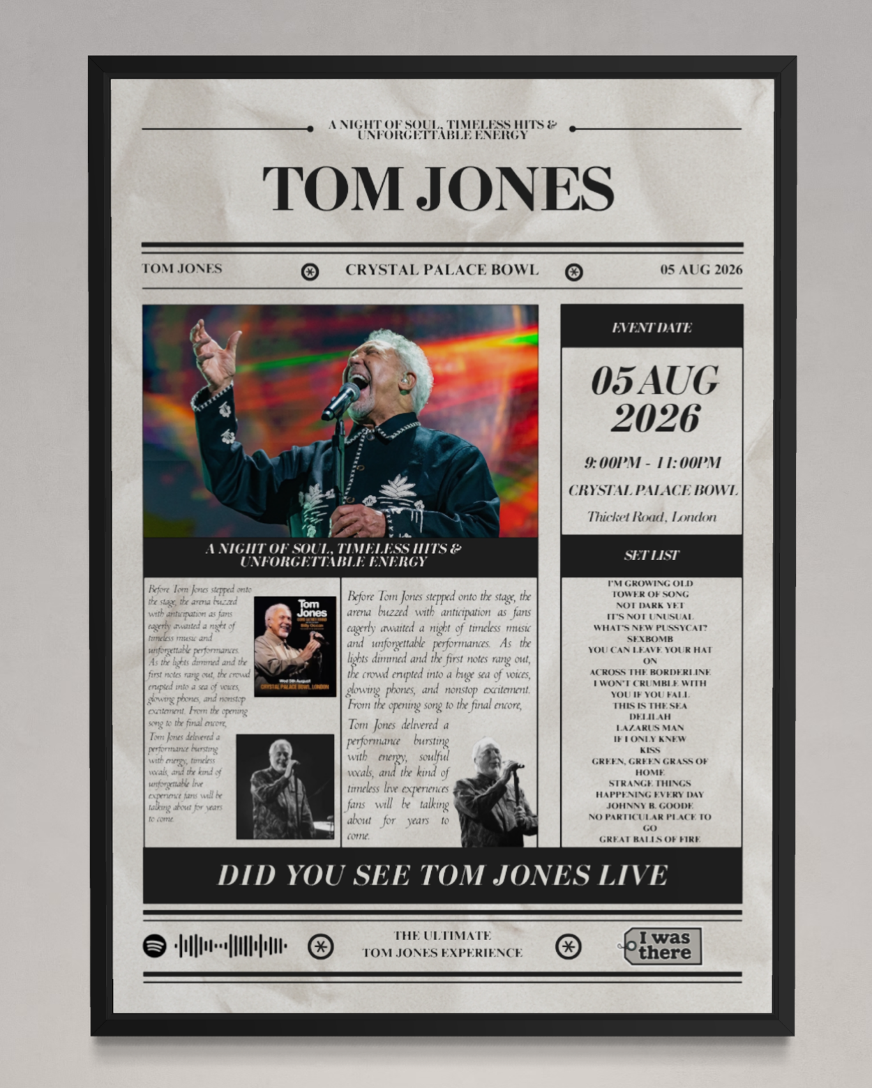 Tom Jones - Personalised Newspaper Style Concert Poster