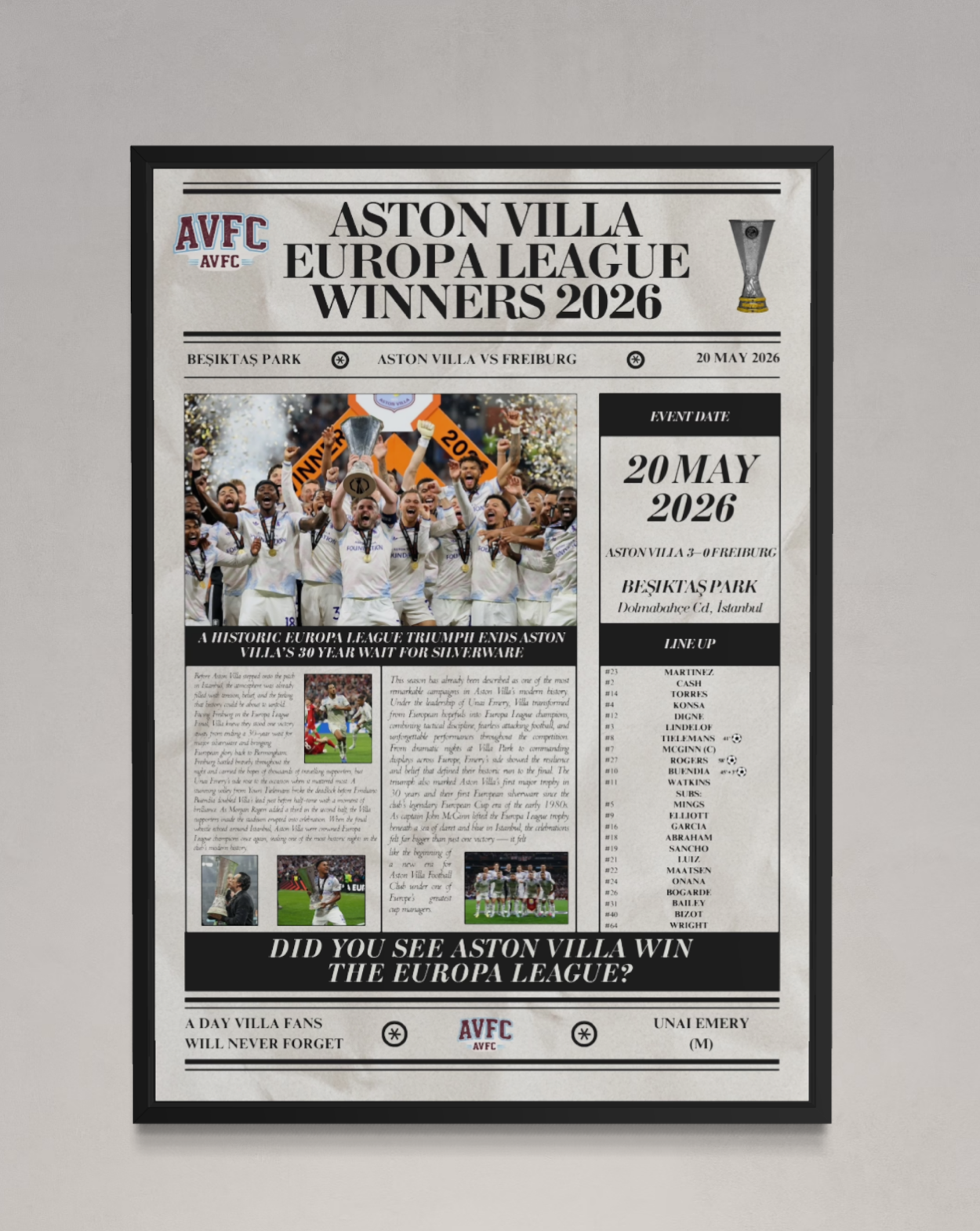 Aston Villa Europa League Winners 2026 - Newspaper Style Poster