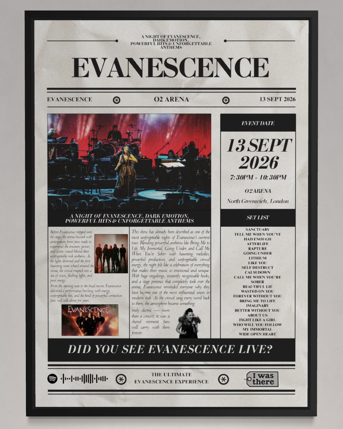 Evanescence - Personalised Newspaper Style Concert Poster