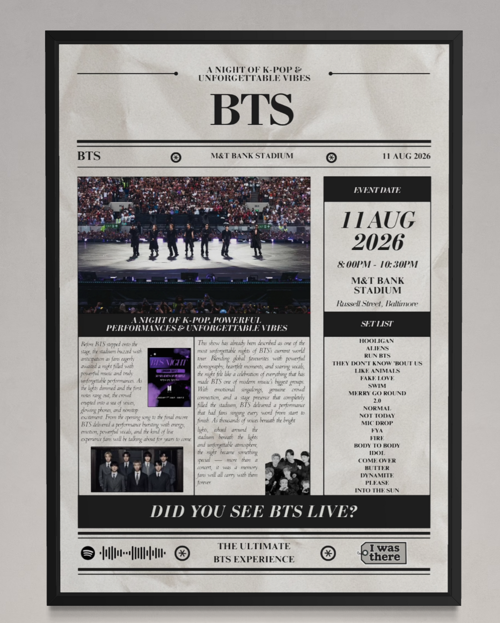 BTS - Personalised Newspaper Style Concert Poster (USA Tour)