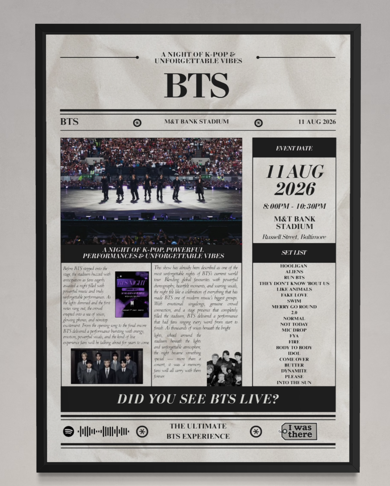 BTS - Personalised Newspaper Style Concert Poster (USA Tour)