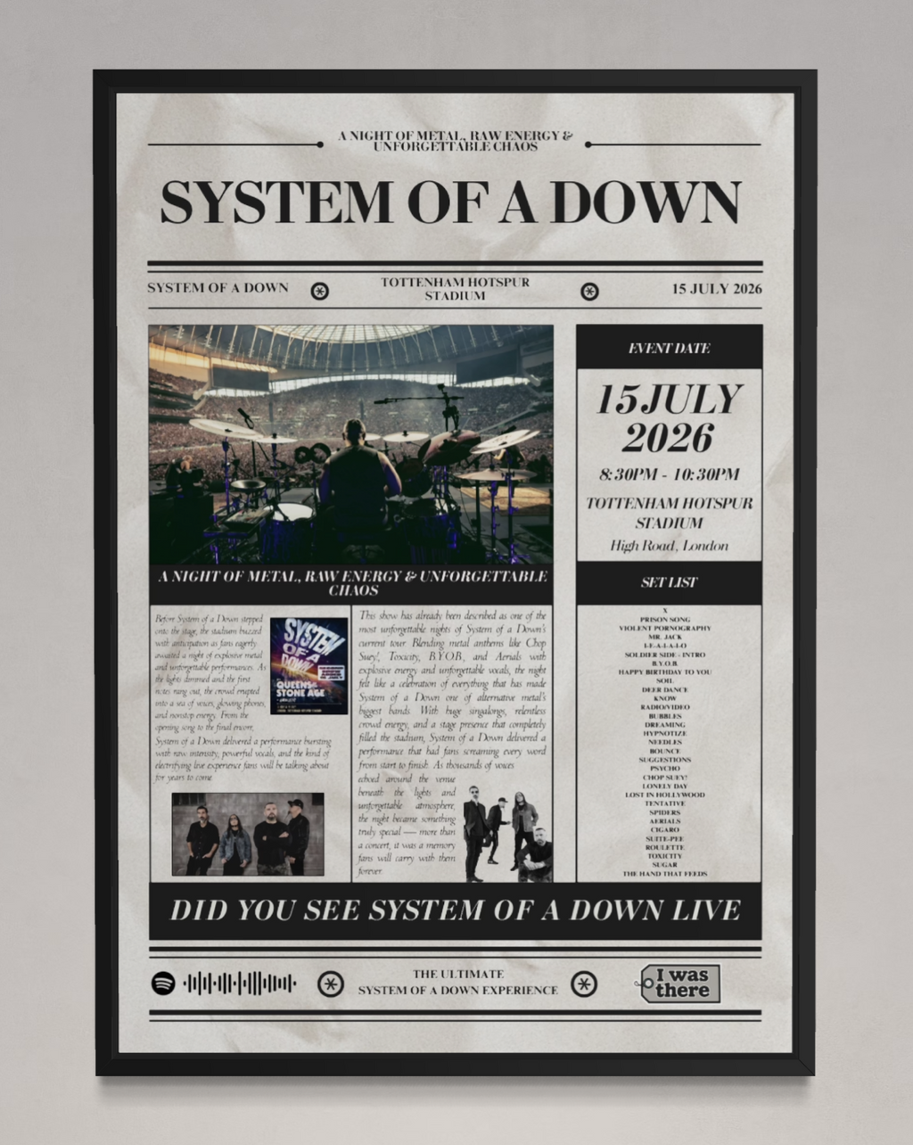System of a Down - Personalised Newspaper Style Concert Poster