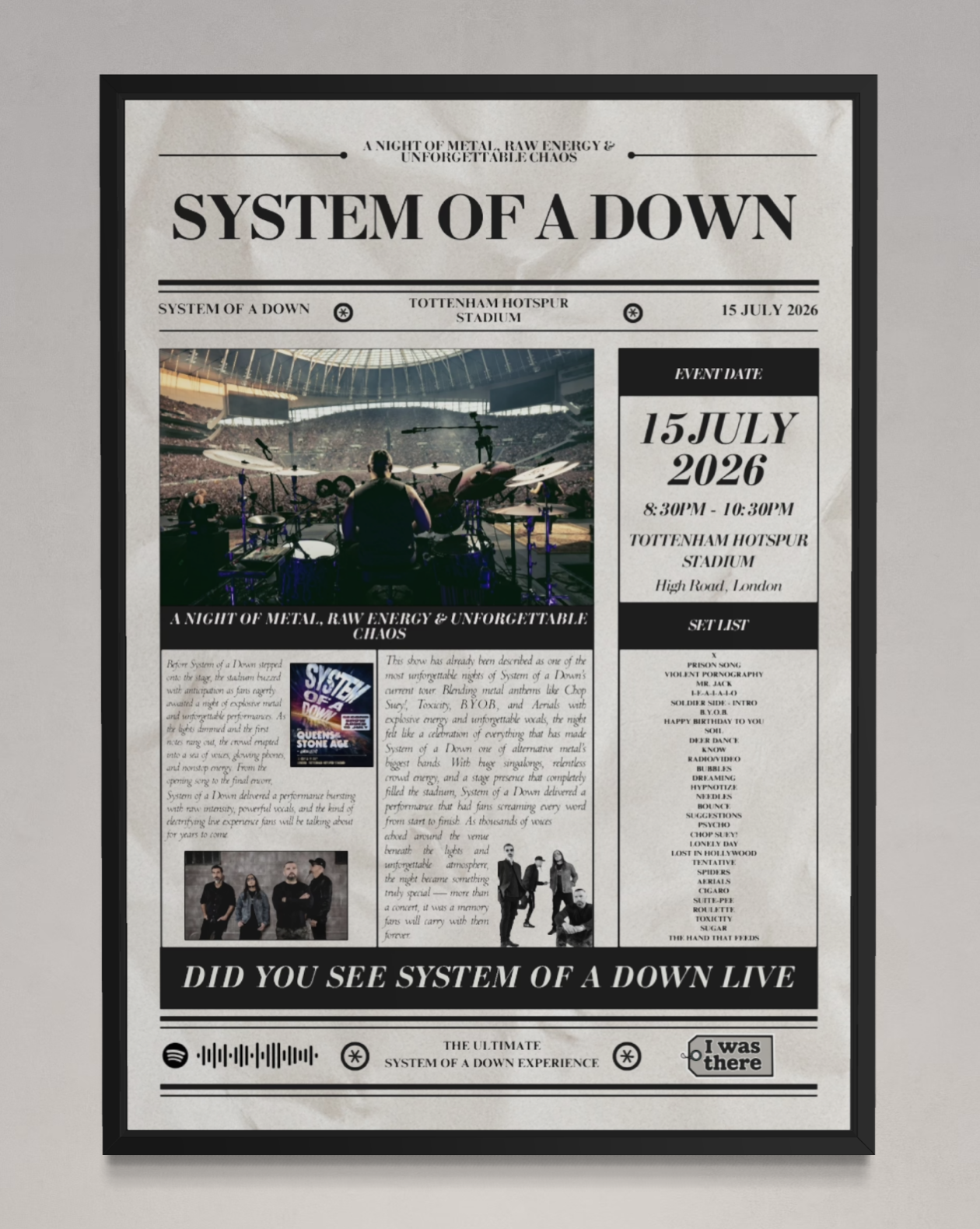 System of a Down - Personalised Newspaper Style Concert Poster