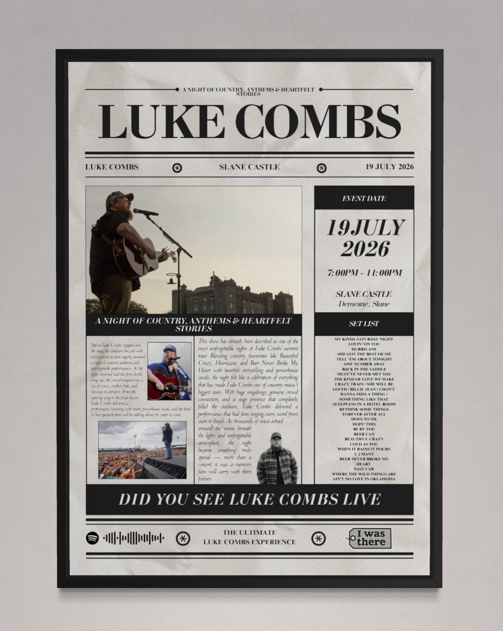 Luke Combs - Personalised Newspaper Style Concert Poster