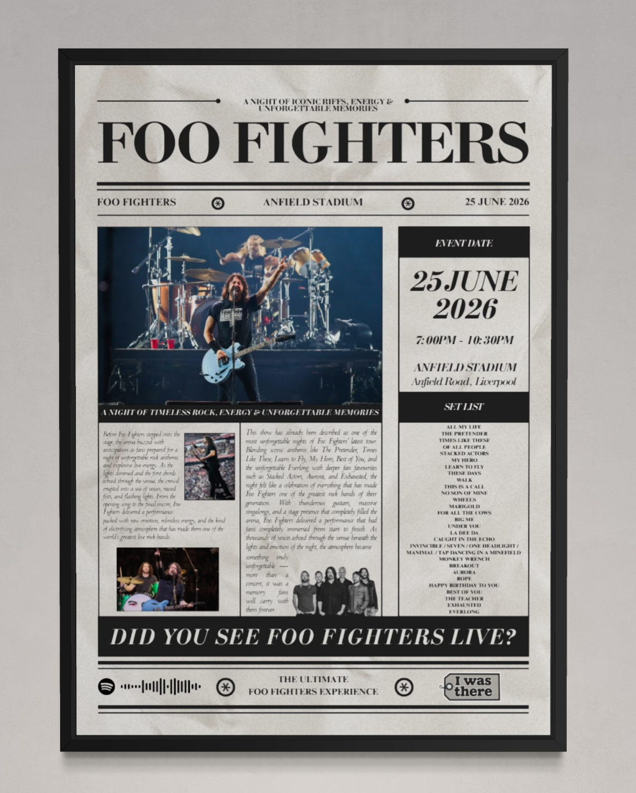Foo Fighters - Personalised Newspaper Style Concert Posters