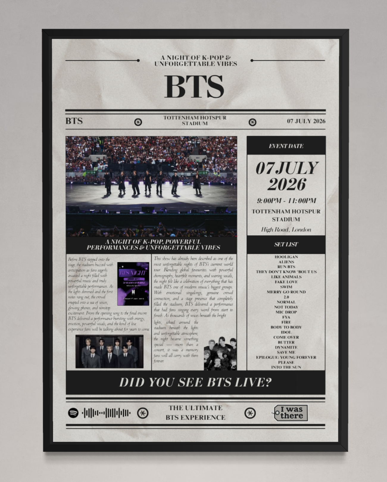 BTS - Personalised Newspaper Style Concert Poster