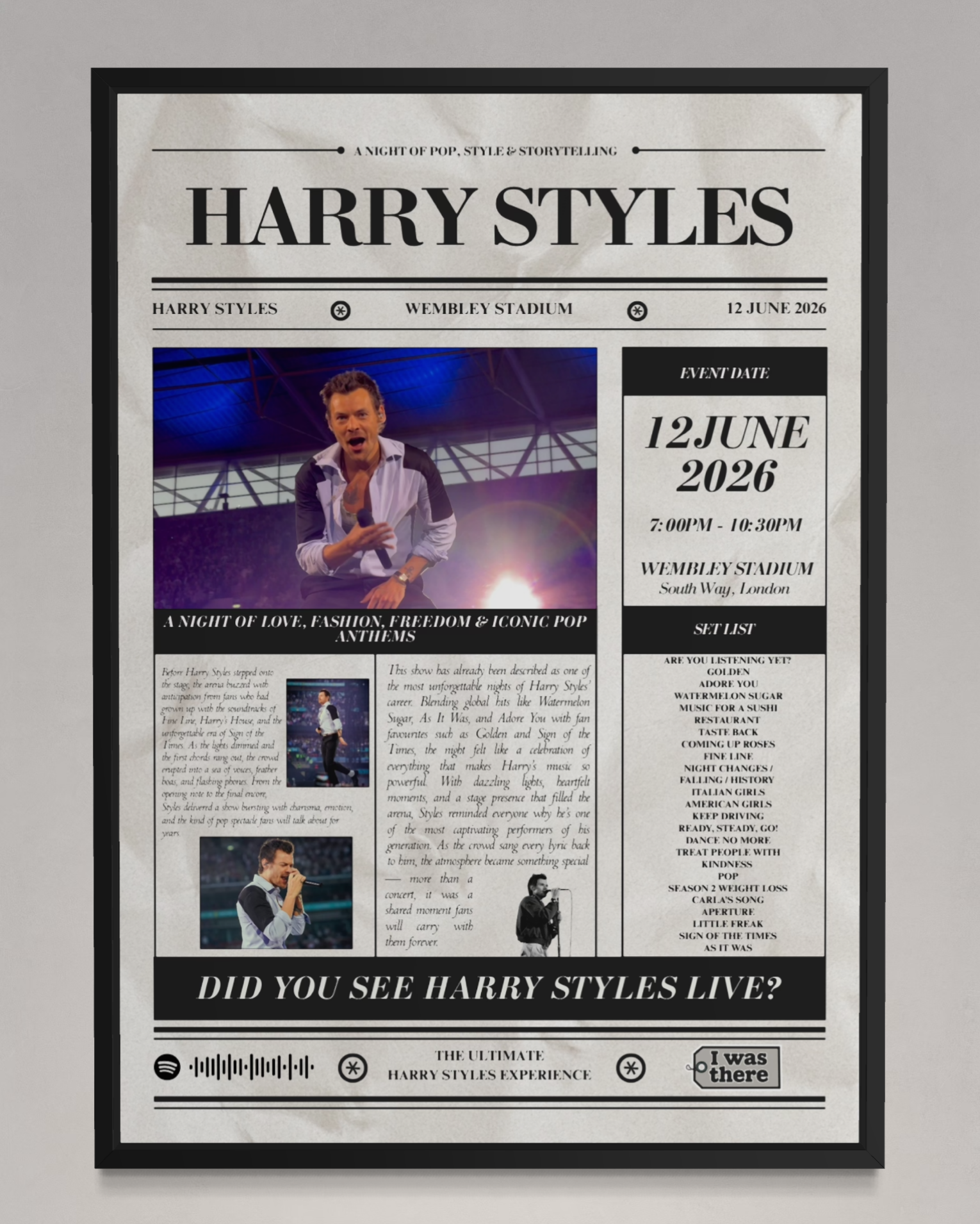 Harry Styles - Personalised Newspaper Style Concert Poster