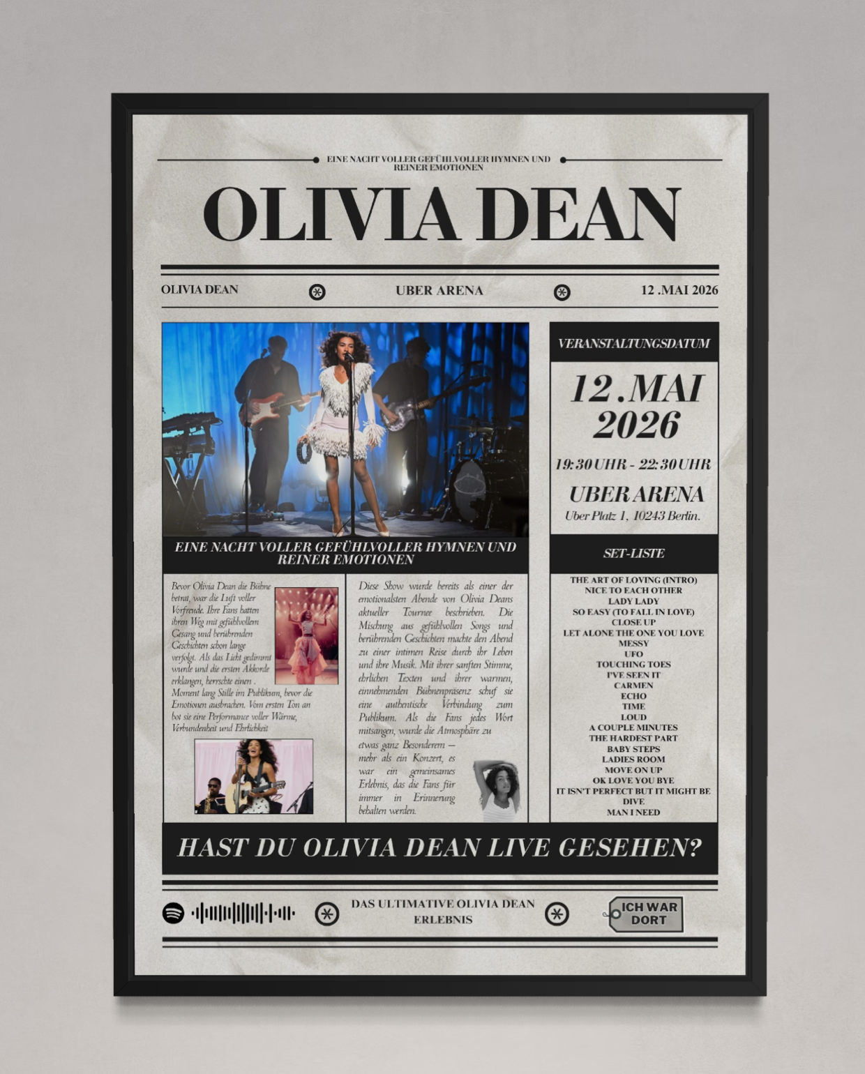 Olivia Dean - Personalised Newspaper Style Concert Poster (German Dates)