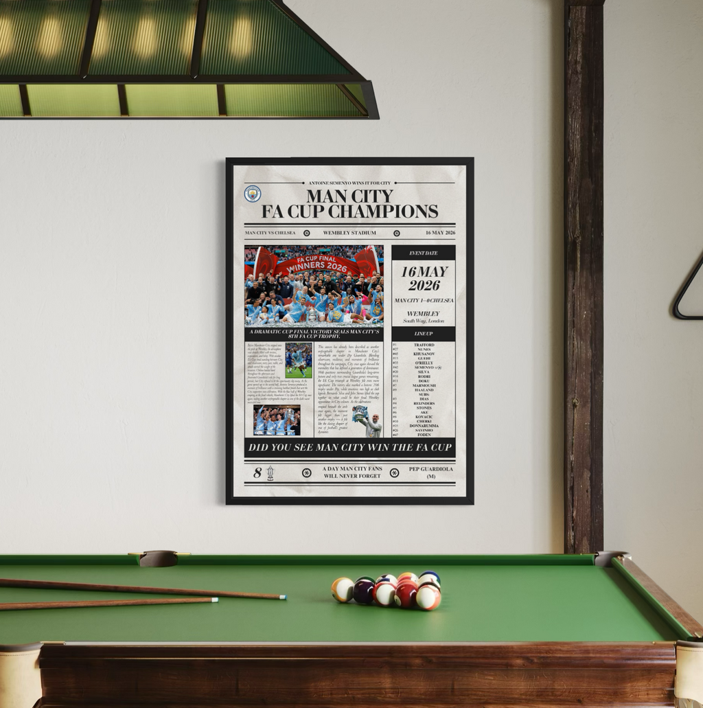Man City FA Cup Champions 2026 - Newspaper Style Poster