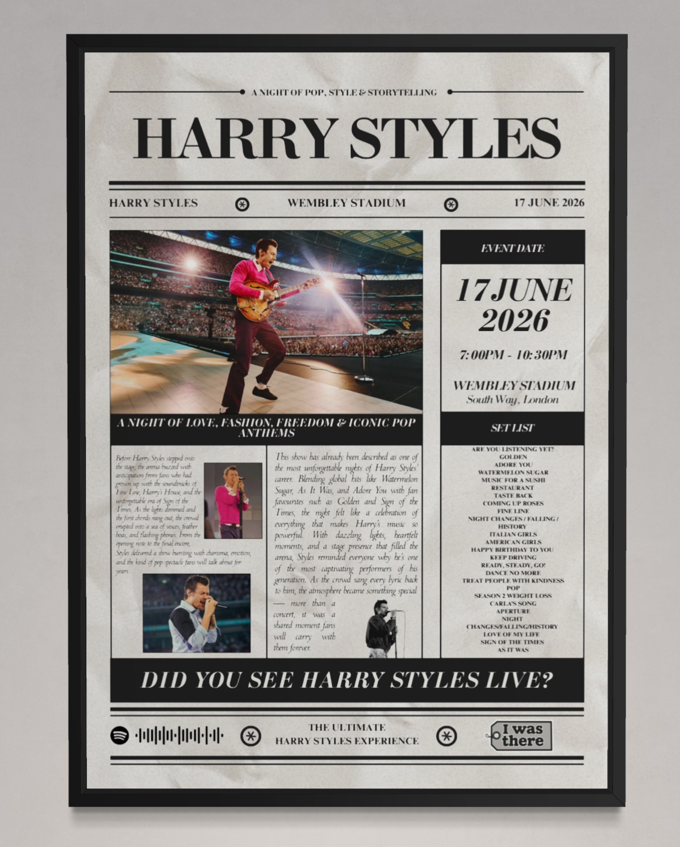 Harry Styles - Personalised Newspaper Style Concert Poster
