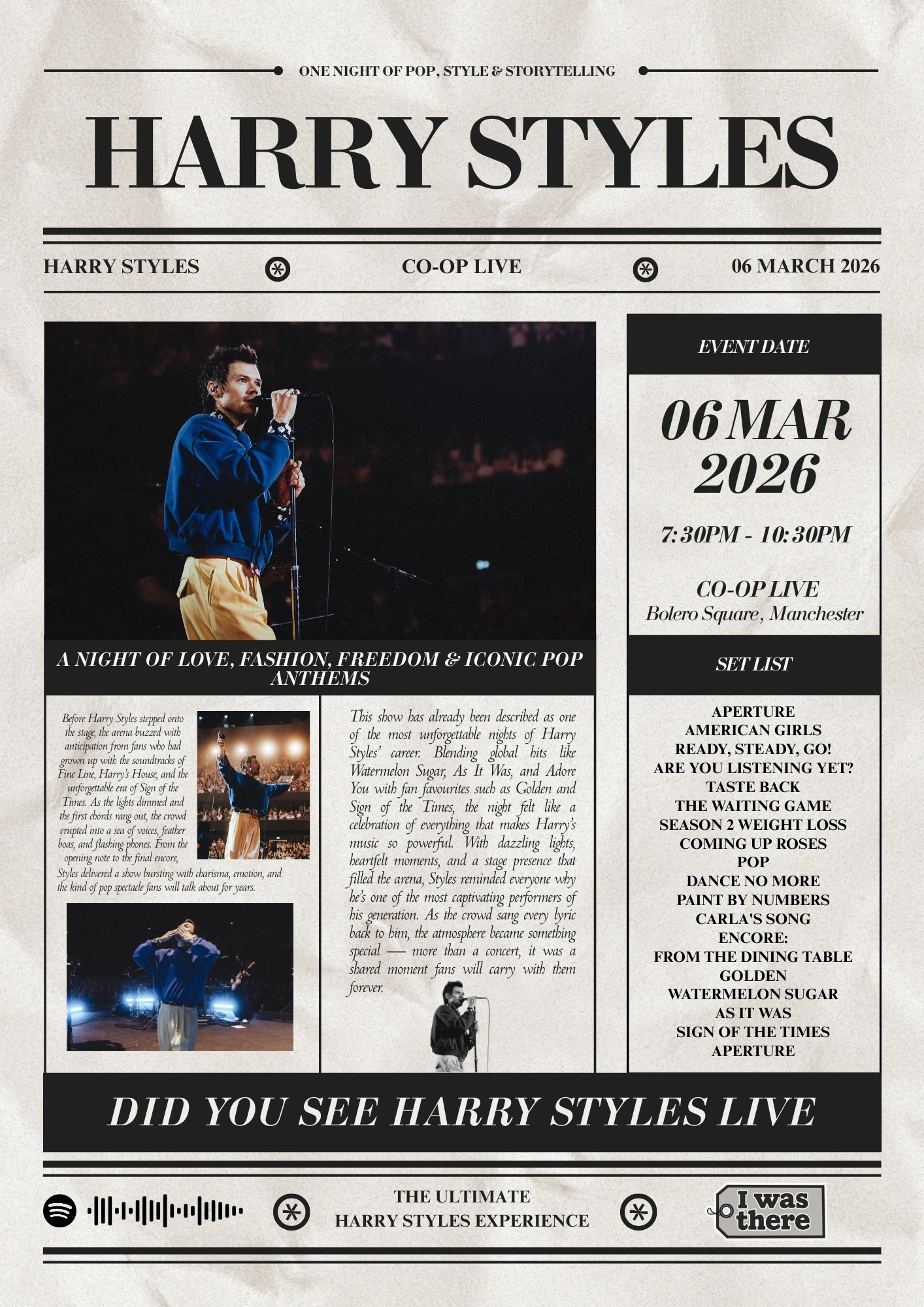 Harry Styles - Personalised Newspaper Style Concert Poster