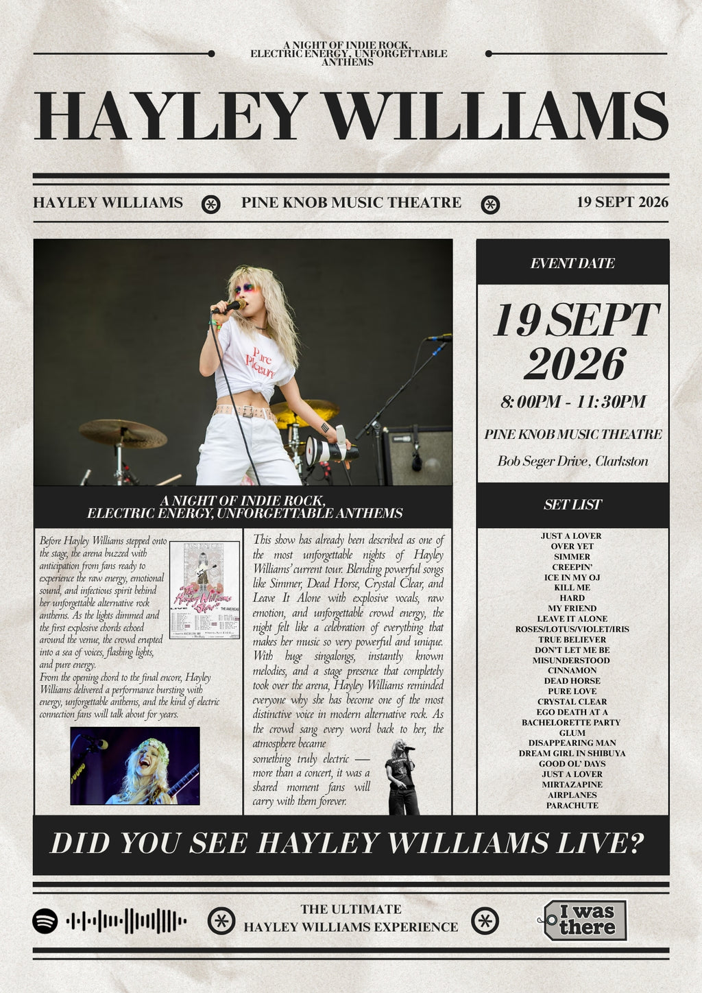 Hayley Williams - Personalised Newspaper Style Concert Poster (USA Tour)